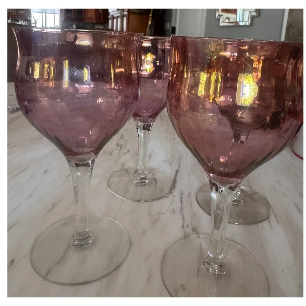 Vintage Pink Iridescent Luster Wine Glasses Optic Ribbed Stemware Set of 4‎ 6.5